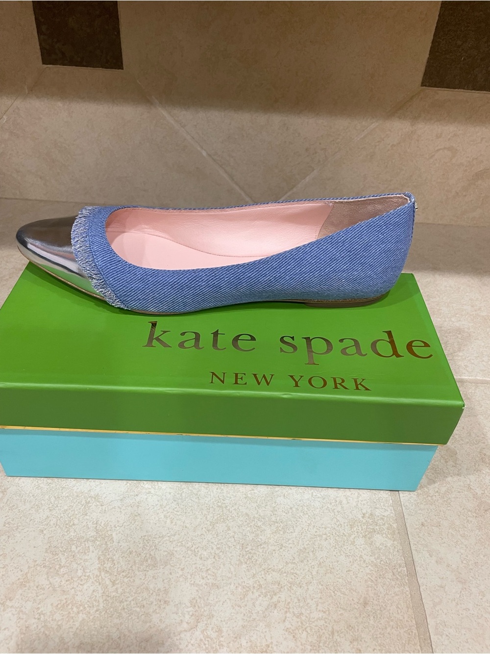 Kate SpadeLight Blue Denim Pointed-Toe Flat with Silver Cap